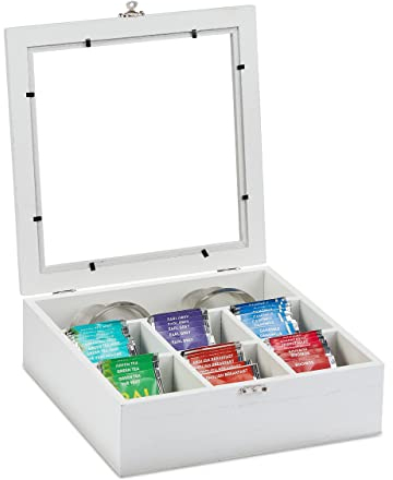 Relaxdays Scatola Porta Tè e Tisane, 7 Scomparti, Organizer con Coperchio Salva-Aroma, HLP: 8 x 25 x 25,5 cm, Bianco