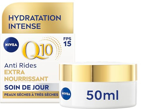 NIVEA Q10 Soin de Jour Extra Nourrisant FPS15 (1x50 ml), crème anti rides enrichie en Q10 pur & Huile d'Argan, crème anti-âge nourrissante, soin hydratant visage peaux sèches à très sèches