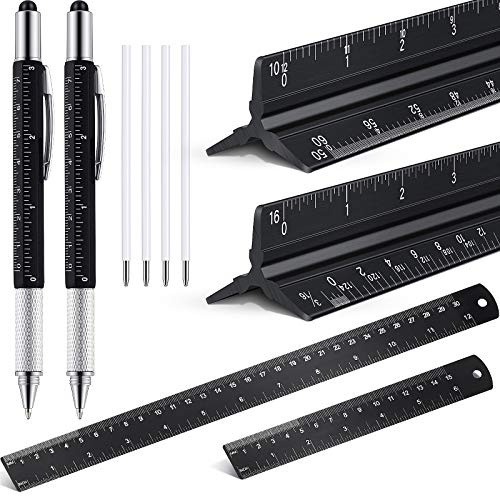 Weewooday 10 Pieces 12 Inch Architectural Scale Ruler Aluminum Triangular Engineering Ruler Scale with 6 in 1 Multitool Pen Ballpoint Pen for Architects, Draftsman, and Engineers