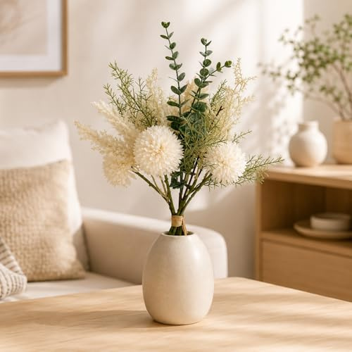 Künstlicher Blumen-Strauß 37 cm creme-weiß als Frühling Sommer Tisch-Deko - Blumen-Gesteck mit künstlichen Dahlien Eukalyptus Deko-Blumen - Kunstblumen wie echt als große Hochzeit Blumen-Deko
