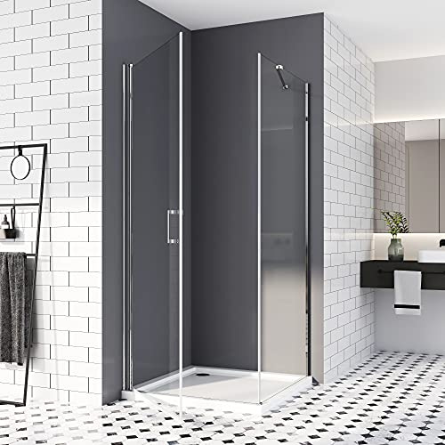 Duschkabine 90x90, Schwingtür Dusche Eckig mit Seitenwand Rahmenlos Pendeltür 180° Duschabtrennung duschwand 6mm ESG Sicherheitsglas Höhe 195cm
