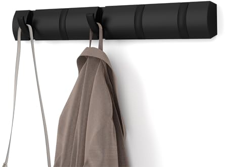 Umbra Flip Wall-Mounted Coat Rack with 5 Hooks – Modern, Space-Saving Storage for Hats, Jackets, Bags, Entryway, Mudroom, Closet, Bathroom, Bedroom – Black