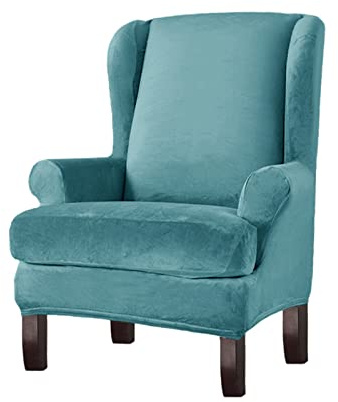Lukery Ohrensessel Bezug Samt, Feste Farbe Ohrensessel Überzug 2 Teilig Stretch Ohrensessel Überwurf mit Armlehnen Husse für Ohrensessel Sesselbezug Elastisch Sesselschoner (One Size,Blau)