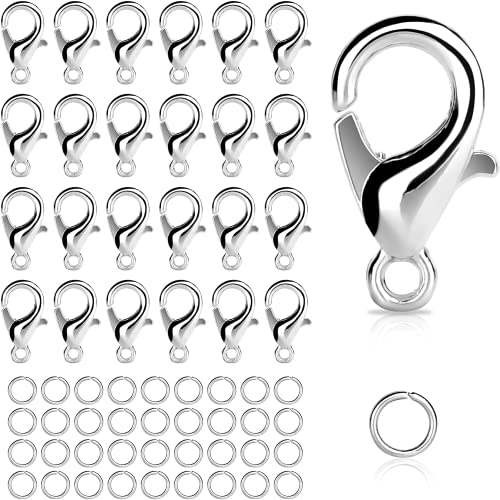 100 Pièces Pince de Homard Fermoir, et 200 Pièces d'Anneaux de Saut Ouverts, Fermoirs Bracelet Set, Fermoirs de Collier, pour DIY Bracelets, Bijoux(Fermoir: 7x12mm, Argent)