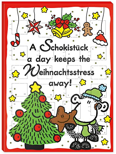 Sheepworld Adventskalender mit Motiv „Schokistück“ | 26 cm x 35 cm, Schokoadventskalender, 75 g | gefüllt mit Schokolade, Kalender für Kinder, lustiges Design | 51129