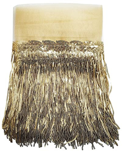 WANYI Flecos para Pegar Con Lentejuelas 5 Yardas Largo 7.87in Ancho Pasamaneria con Flecos para Coser Bricolaje Latin Macrame Samba Dress Stage Ropa Accesorios (Oro claro)