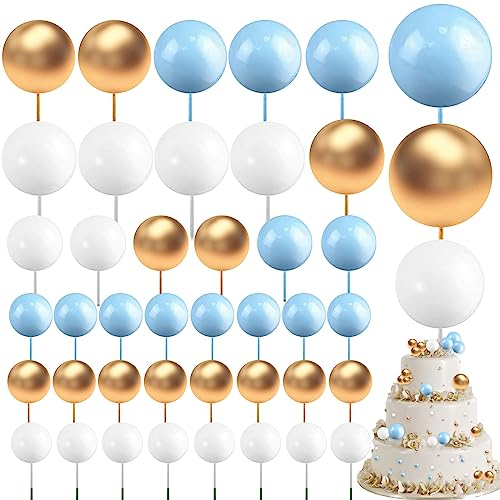 JIASHA 108 Pièces Boule Gâteau Topper, Cupcakes Toppers Balle, Boules de Perles Décoration, Topper à Gâteau de Boules d’Insert DIY, pour Gâteau d'anniversaire, Mariage, Fête (Or Blanc Bleu)