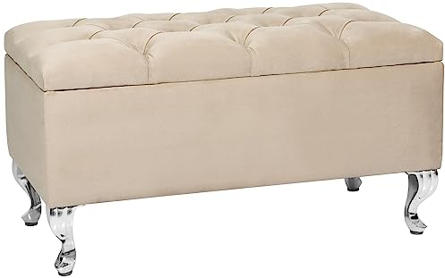 LORDLY Sitzbank mit Stauraum MODIANO CR 81x42cm – beige Velourstof, Sitztruhe, Aufbewahrungsbox, Polsterbank mit Samtbezug für Wohnzimmer, Schlafzimmer, Diele