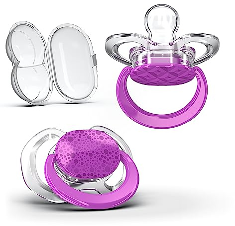 Smilo Baby Pacifier - 2 Pack of Slimline Pacifiers for Babies with Sterilization Box - Stage 1 for Babies 0-3 Months - 100% Silicone Newborn Pacifiers BPA Free - Plum Purple