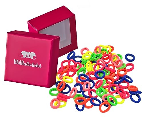 HAARallerliebst® 100 Stück 20mm kleine Haargummis für Mädchen - mini baby Zopfgummis inkl Box - idealer Haargummi Haarschmuck für Kinder Damen - elatisch soft Mehrfarbig (neon, 100 Stück)