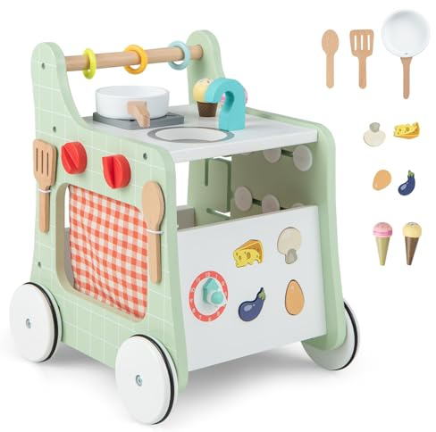 DREAMADE Chariot de Marche en Bois Bébé 1+Ans,6 en 1 Trotteur Bébé avec Blocs & 9 Accessoires,Cube d'Activité Garçons Filles avec Jouet Thème de Cuisine (Vert)