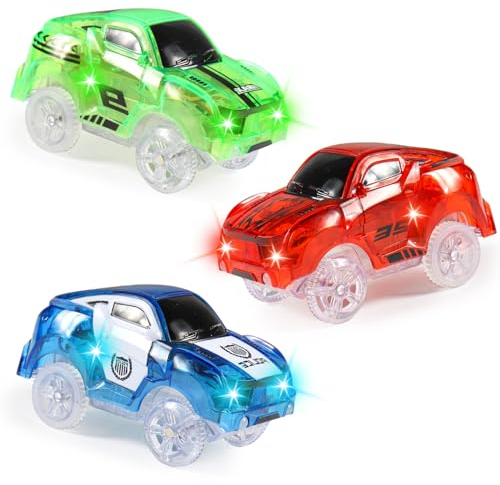 Funmo Circuit Voitures de Courses, Circuit Voiture Enfant, Pack de 3 (Voiture de Course Rouge Vert, Voiture de Police Bleu) avec 5 lumières Clignotantes LED Jouets Magiques