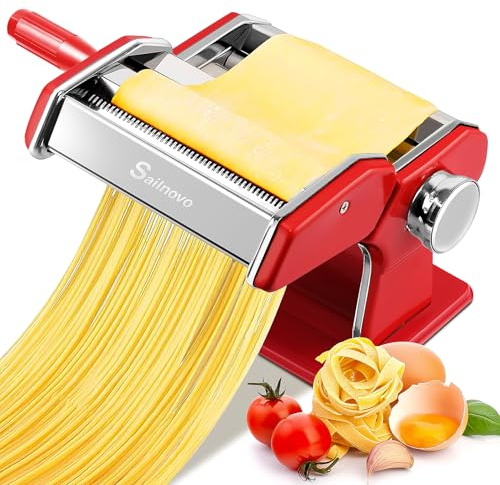 Sailnovo Pasta Maker Machine, 180 Roller Pasta Maker, 9 Adjustable Thickness Settings 2-in-1 Noodles Maker with Rollers and Cutter, Perfect for Spaghetti, Fettuccini, Lasagna or Dumpling Skin Red