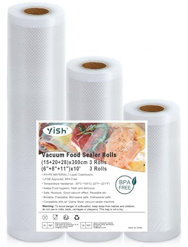 YISH Rollos Envasadora al Vacio：3 Rollos Bolsas Vacio Alimentos 15/20/28x300cm, para Envasadora al Vacío e Sous Vide, Bolsas Envasar al Vacio Alimentos sin BPA