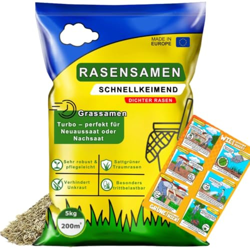 Rasensamen Schnellkeimend Sommer | 10kg Grassamen | Nachsaat & Neuansaat | Robust & pflegeleicht 5kg– Reicht für 200m²|Rasen samen Dichtes, sattgrünes Gras | Rasensaat ideal für jeden Rasen