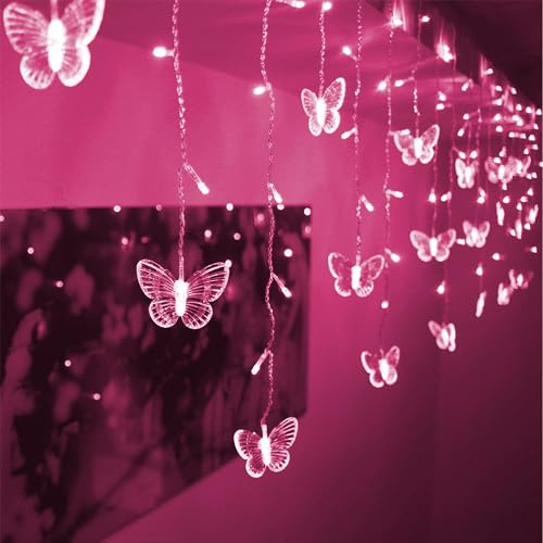 Decorman Butterfly Curtain Lights, 4.9ft 48 LED USB Window Fairy Lights 10 Butterflies 8 Modes Firefly Twinkle String Lights for Room Bedroom Wall Ceiling Party Wedding Christmas (Pink)