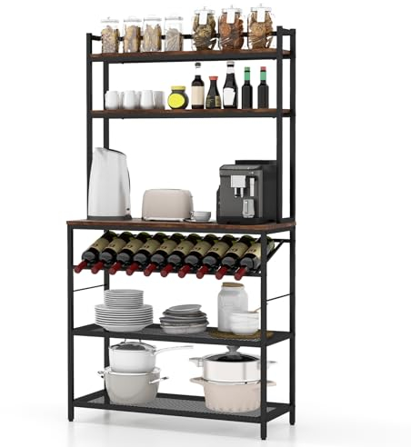 GOPLUS Küchenregal, Standregal mit schrägem Weinregal & 2 Ablagen & 2 Gitterplatten, freistehender Weinregal im Industriestil, Bäckerregal mit Kippschutz für Küche & Wohnzimmer, schwarz + braun