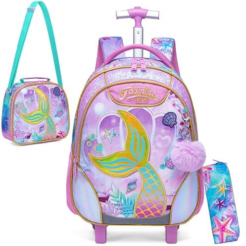 HTgroce Meerjungfrauen Kinder Trolley Rucksack Schulranzen mit Rollen Schultasche für Mädchen Schüler Kindergepäck Reisegepäck Kindertrolley Reisekoffer Schulranzen Trolley Mädchen 1. klasse