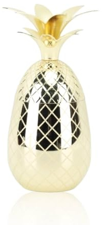 Cyrank Edelstahl-Ananasbecher Mit Deckel, 500 Ml Edelstahlbecher, Weinbecher Edelstahl mit Deckel, Ananas-Cocktailbecher, Weinglas, Kaffeebecher Edelstahl-Trinkbecher Für Bar(Golden)
