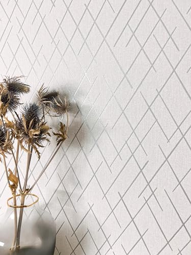 Newroom Vliestapete Grau Silber Linien geometrisch Muster Wohnzimmer | metallischer Glanz, feine Textilstruktur, rautenartige Optik, elegant skandinavisch, Mustertapete, Wandtapete, Schlafzimmer