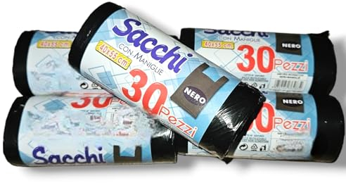 Sacchetti per la spazzatura con manici, 150 pezzi, 40x55 cm, in rotoli da 30 pezzi, colore nero