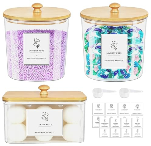 3-Pack Clear Laundry Pods Storage Container with Bamboo Lid, Labels & Scoop – Washing Pods Holder for Powder, Dishwasher Tablets, Scent Booster – Laundry, Bathroom, Kitchen Organization (Round)