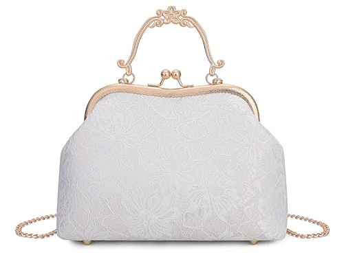 YYW Sac à main pour femmes avec perles de soirée orné de motifs floraux et de perles, pochette en dentelle élégante pour mariage, bal et soirée, Blanc dentelle, Taille unique, Élégant