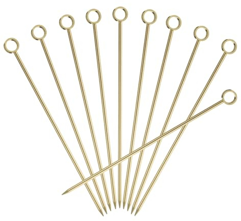QUARKZMAN 10uds Inoxidable Acero Cóctel Dientes Palillos, 4,25 Pulgadas Metal Cóctel Púas Fruta Palos Reutilizables Largos Martini Picos Cóctel Brochetas, Oro Círculo