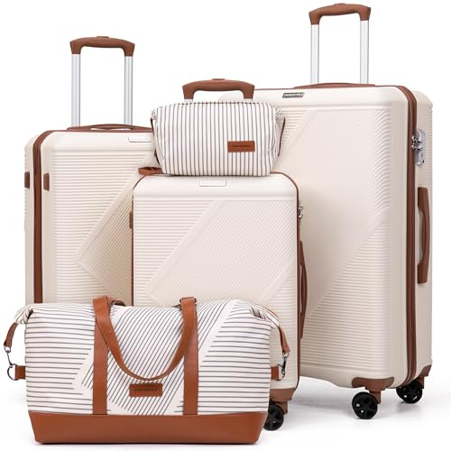 CONCEPTEN Luggage Sets 5 Piece, Suitcases With Wheels, Lightweight Travel Luggage Set With TSA Lock, ABS Hardshell Carry On Suitcase Set, White, 5PCS, Suitcases With Wheels