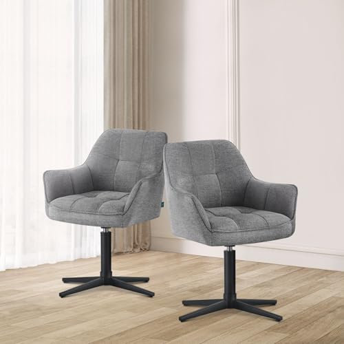 DUBI Möbel® Esszimmerstühle Thomas‑KIRA 2er Set – drehbar mit Federkernpolsterung & Auto‑Rückstellung, Armlehnen, Metallgestell schwarz, Stoff Grau, modern‑Industrial Design für Küche & Esszimmer