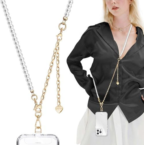 UKON Crossbody Strap, 3 in 1 Pearl Beaded Phone Lanyard with Metal Cell Phone Chain Wristlet Adjustable Cell Phone Lanyard Neck Strap For iPhone Case with Clear Phone Tether Tabs