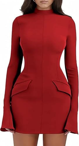 Haibang Women's Long Sleeve Mock Turtle Neck Bodycon Mini Dress Party Club Short Dresse Casual Elegant Formal Blazer Dresses with Pocket Burgundy
