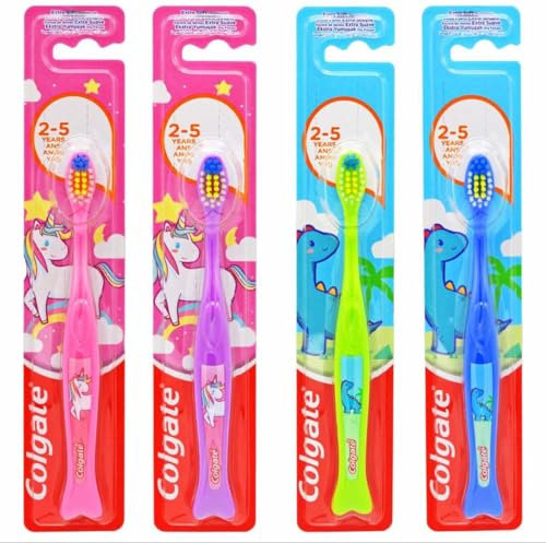 2 Colgate Kids Extra Soft Bristles Toothbrushes for 2-5 Years, Unicorn - Dinosaur | Toddler Children's Dental Care Small Head Toothbrush Designed for Tiny Mouths