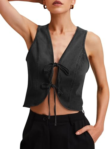 POLIRO Womens Denim Vest Crop Sleeveless V Neck Denim Top Retro Tie Up Front Jean Vest