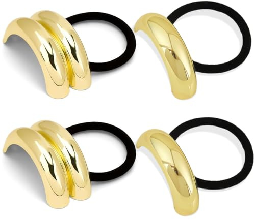 Bandes de Cheveux Élastiques Dorées, 4 PCS Élastiques à Cheveux en Métal pour Femme, Accessoires pour Cheveux en Métal Dorés