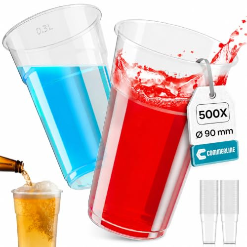 Commerline Plastikbecher 0,4 Liter, 200 Stück, Trinkbecher, Einwegbecher | Aus transparentem Polypropylen (PP), robust, lebensmittelecht, ideal als Partybecher, Wasserbecher, Ausschankbecher, 400 ml