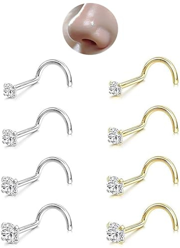 ZS 8Pcs 1.5mm 2mm 2.5mm 3mm Nose Rings, 20G Stainless Steel Nose Stud l Shape Corkscrew Round Diamond CZ Nose Piercings Jewellery