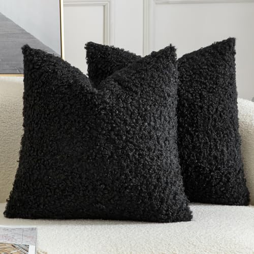 Yaertun 2er Set Kissenbezug Teddywolle Faux Pelz Dekorative Kissenbezüge Plüsch Bouclé Sofakissen Couchkissen Dekokissen Zierkissenbezug Deko Kissenhülle Schlafzimmer Wohnzimmer 50x50 cm Schwarz