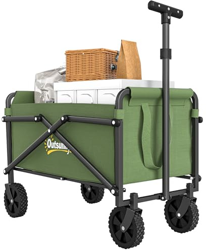 Outsunny 62L Festival Trolley on Wheels, Portable Small Folding Trolley Cart, 60kg Heavy Duty Collapsible Foldable Wagon with Adjustable Handle and Carrying Bag for Beach, Camping, Garden, Green