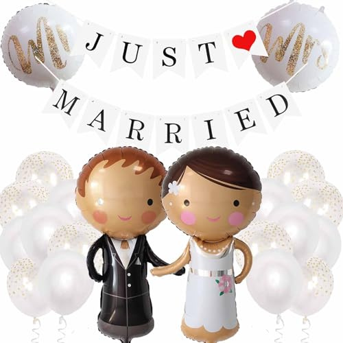 Just Married Deko, Hochzeitsdeko Folienballons Just Married Banner Brautpaar Figuren Mr & Mrs Ballon Weiß Herz Folienluftballon Helium Ballons für Heiratsantrag Verlobung Standesamt (banner & ballon)