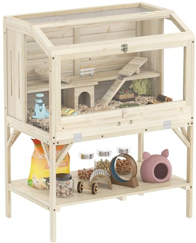 PawHut Hamsterkäfig aus Holz 2 Etagen mit unterem Ablagefach, zu öffnendem Deckel, Tablett, Wippen, Rampe, Nagarium, Kleintierkäfig mit Hütte, 84 x 53 x 110 cm, Natur