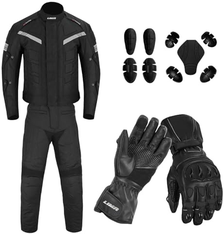 Mens Motorbike 2 Piece Suit Cordura Motorbike Jacket and Trousers with leather Gloves CE armoured Waterproof protective Gear For mens boys Riders