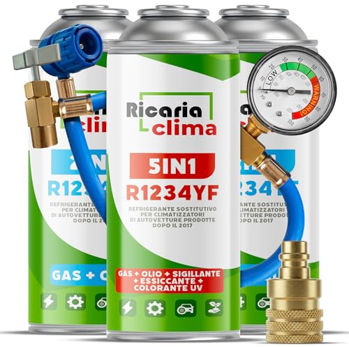 Ricaria Clima - Air Conditioning Recharge Kit R1234yf – AC Gas 5in1 XL with Oil, Sealant, UV Dye and Desiccant + 2X R1234yf Refrigerant with Oil (235 g), Hose Adapter
