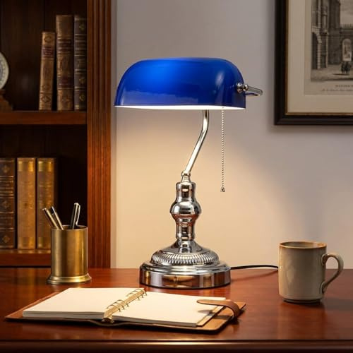 BARCELONA LED Lámpara de Mesa Vintage Tipo Banquero E27 Pantalla de Cristal Azul Azul Base Metálica Cromada Estilo Nórdico Industrial Moderno Clásico para Oficina Estudio Decoración Retro
