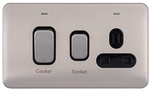 Schneider Electric Lisse Screwless Deco - Single Cooker Control Unit with Socket, Double Pole with Neon Indicator, 45A, GGBL4001BSS, Stainless Steel with Black Insert