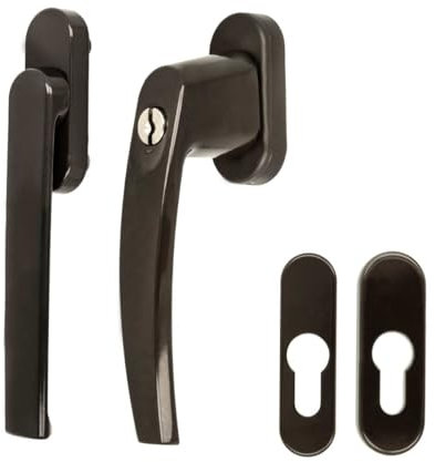 Alu Terrassentürgriff Paar mit Rosetten - Flachgriff für Rollladen - abschließbar, Farbe:Braun RAL 8019