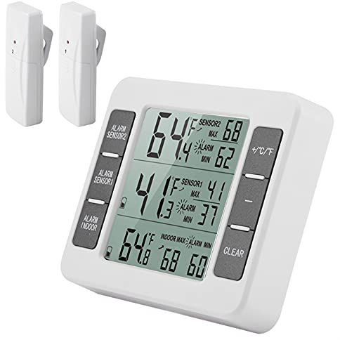 Fridge Thermometer Digital Refrigerator Thermometer, Digital Audible Alarm Refrigerator Thermometer with Sensor Min/Max Display,Wireless Perfect for Home, Restaurants