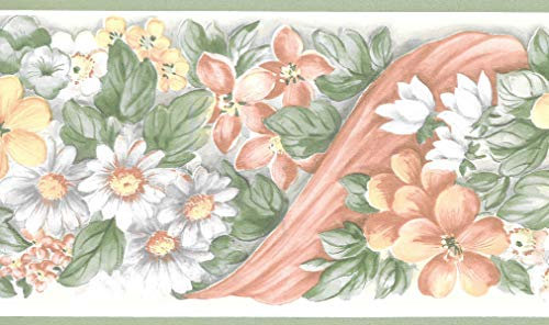 Dundee Deco BD6205 Frise de Papier Peint, Frise Murale, Bordure de papier peint précollé Motif floral Vert blanc, fleurs de prairie rose 4,57 m x 13,21 cm