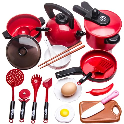 Ulalaza Küchenspielset Vortäuschen Kochen Spielzeug Zubehör Lebensmittel Utensilien Pfannen Töpfe für Kinder Mädchen Jungen Kleinkind