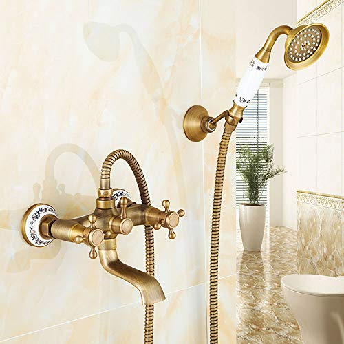 HomeLava Wandhalterung Badewannenarmatur Wasserhahn Badewanne Wannenarmatur Zwei Griffe mit Handbrause Mischbatterie Badewannenset Messing Antik Finish
